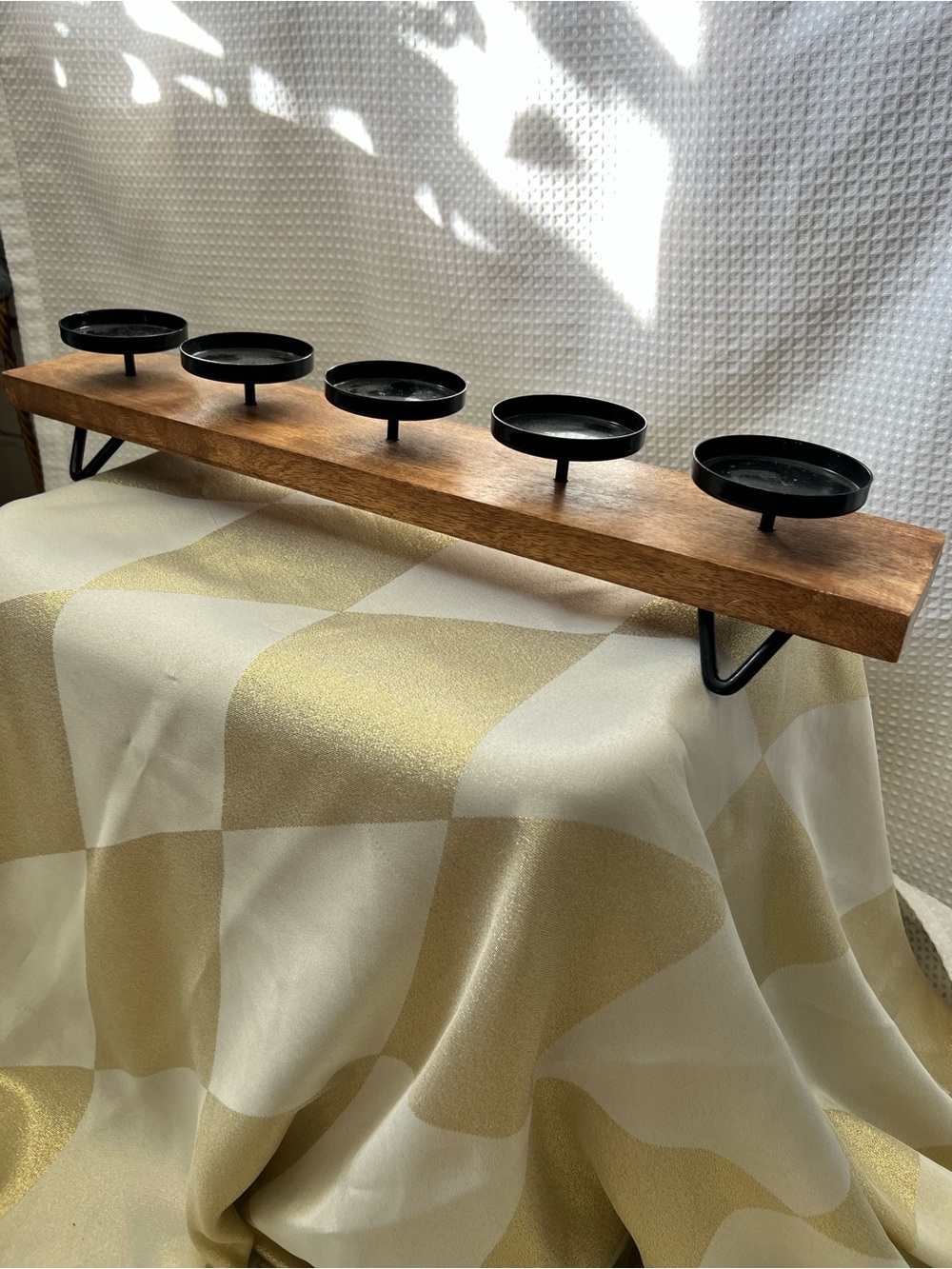 Wooden 5-Holder Candle Tray with Black Metal Cups